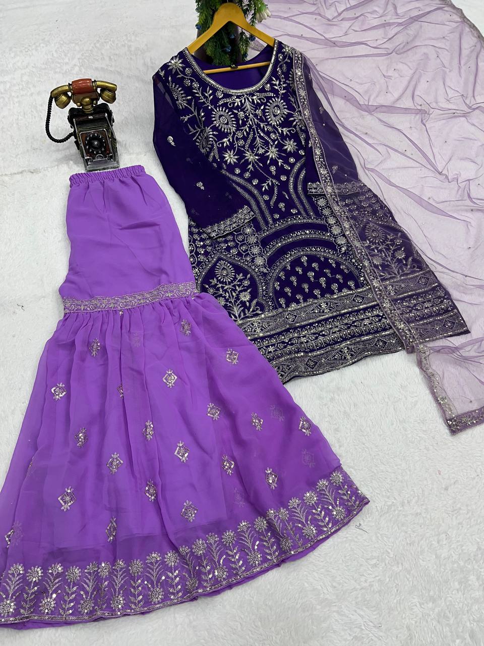Faux Georgette Silk Kurti & Sarara Set with Sequins Embroidery & Lace Border Dupatta
