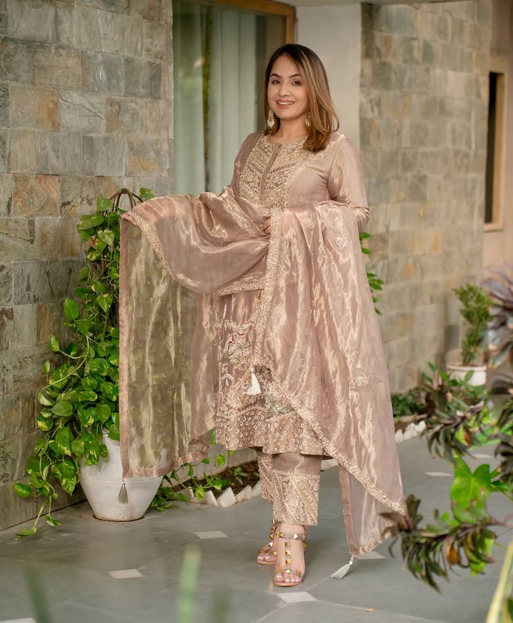 Designer Fandy Silk Embroidery Sequence Work Kurta Pant Dupatta Set for Women | Fully Stitched | Wedding & Festive Outfit