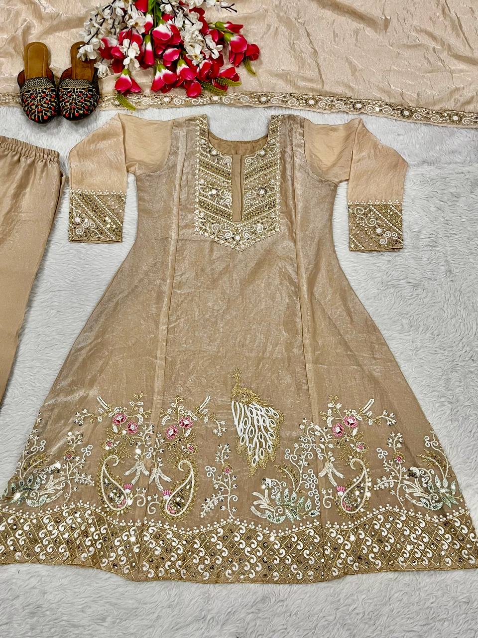 Designer Fandy Silk Embroidery Sequence Work Kurta Pant Dupatta Set for Women | Fully Stitched | Wedding & Festive Outfit