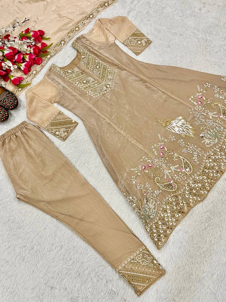 Designer Fandy Silk Embroidery Sequence Work Kurta Pant Dupatta Set for Women | Fully Stitched | Wedding & Festive Outfit