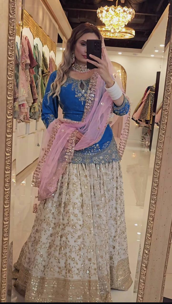 Designer Chinon Silk Lehenga Choli Set for Women | Sequence Embroidery | Fully Stitched Top, Semi Stitched Lehenga & Butterfly Net Dupatta