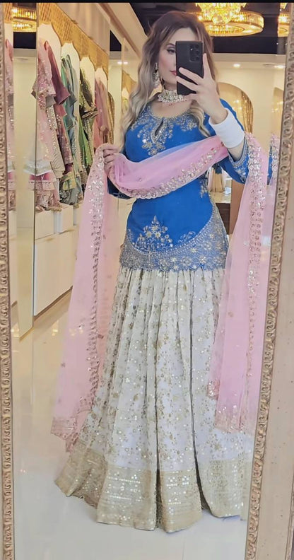 Designer Chinon Silk Lehenga Choli Set for Women | Sequence Embroidery | Fully Stitched Top, Semi Stitched Lehenga & Butterfly Net Dupatta