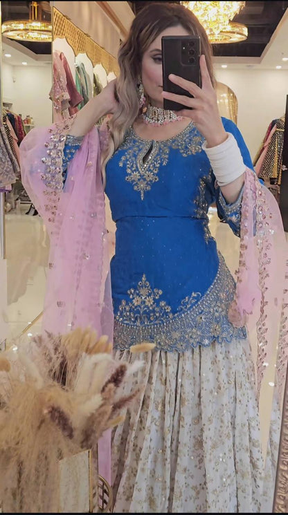 Designer Chinon Silk Lehenga Choli Set for Women | Sequence Embroidery | Fully Stitched Top, Semi Stitched Lehenga & Butterfly Net Dupatta