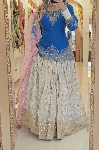 Designer Chinon Silk Lehenga Choli Set for Women | Sequence Embroidery | Fully Stitched Top, Semi Stitched Lehenga & Butterfly Net Dupatta