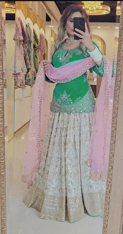 Designer Chinon Silk Lehenga Choli Set for Women | Sequence Embroidery | Fully Stitched Top, Semi Stitched Lehenga & Butterfly Net Dupatta