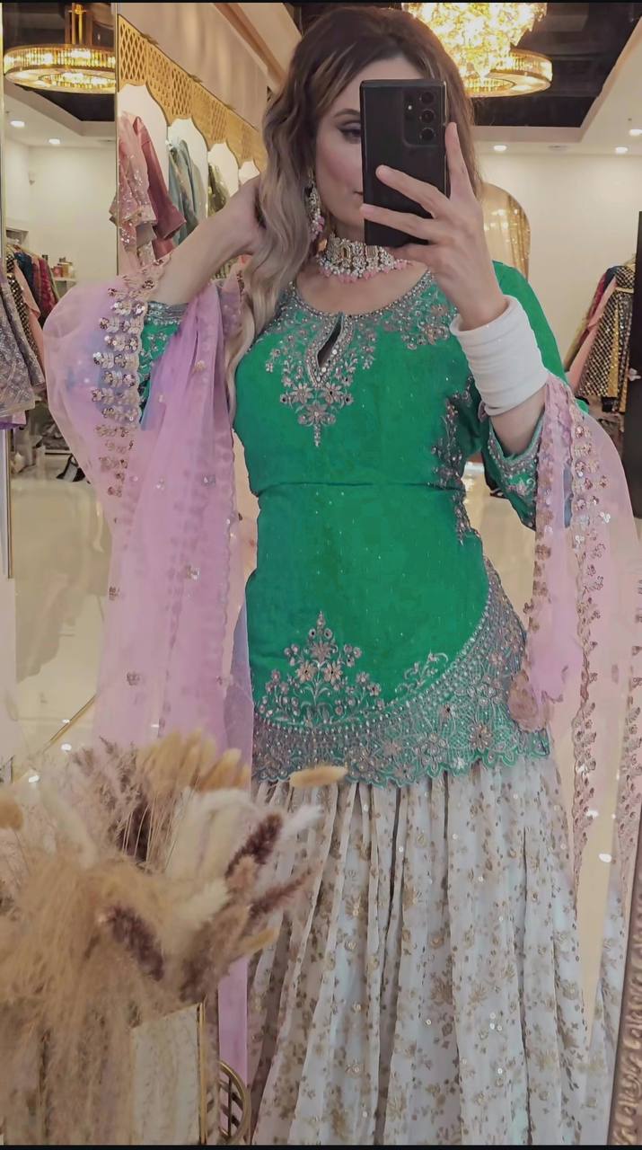 Designer Chinon Silk Lehenga Choli Set for Women | Sequence Embroidery | Fully Stitched Top, Semi Stitched Lehenga & Butterfly Net Dupatta