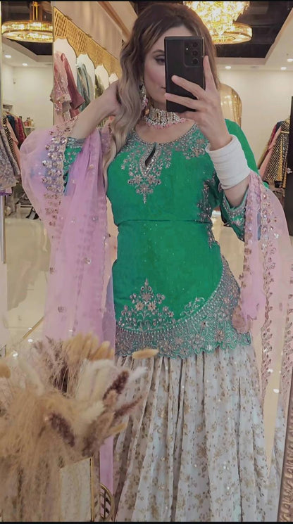 Designer Chinon Silk Lehenga Choli Set for Women | Sequence Embroidery | Fully Stitched Top, Semi Stitched Lehenga & Butterfly Net Dupatta
