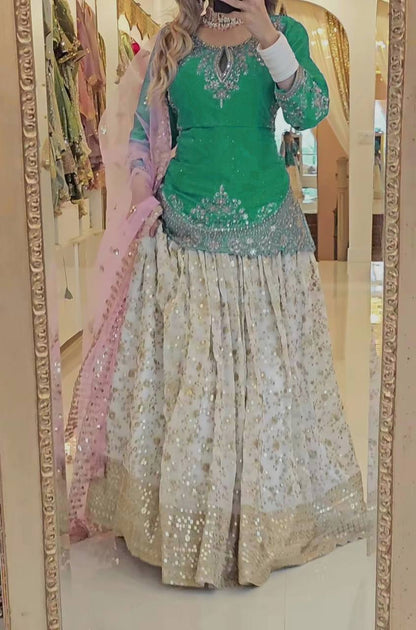 Designer Chinon Silk Lehenga Choli Set for Women | Sequence Embroidery | Fully Stitched Top, Semi Stitched Lehenga & Butterfly Net Dupatta