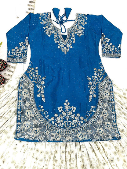 Designer Chinon Silk Lehenga Choli Set for Women | Sequence Embroidery | Fully Stitched Top, Semi Stitched Lehenga & Butterfly Net Dupatta