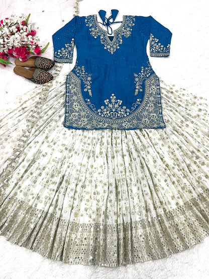 Designer Chinon Silk Lehenga Choli Set for Women | Sequence Embroidery | Fully Stitched Top, Semi Stitched Lehenga & Butterfly Net Dupatta