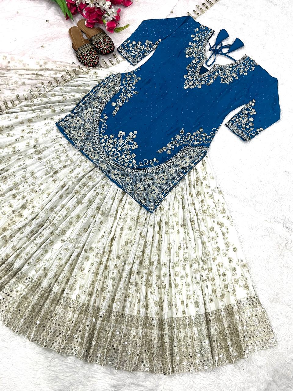 Designer Chinon Silk Lehenga Choli Set for Women | Sequence Embroidery | Fully Stitched Top, Semi Stitched Lehenga & Butterfly Net Dupatta