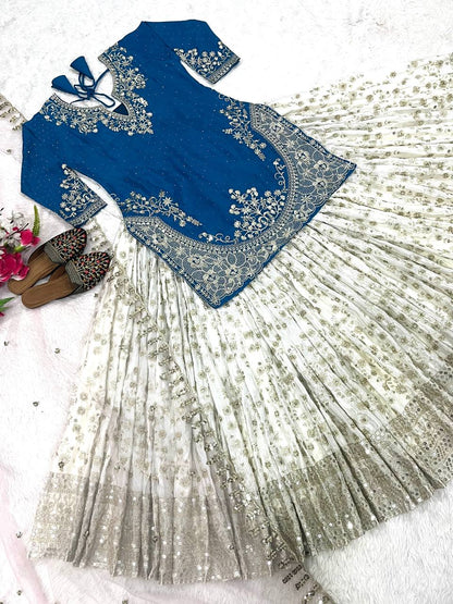 Designer Chinon Silk Lehenga Choli Set for Women | Sequence Embroidery | Fully Stitched Top, Semi Stitched Lehenga & Butterfly Net Dupatta