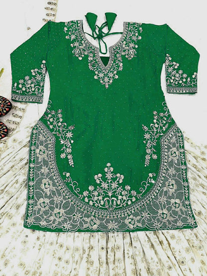 Designer Chinon Silk Lehenga Choli Set for Women | Sequence Embroidery | Fully Stitched Top, Semi Stitched Lehenga & Butterfly Net Dupatta