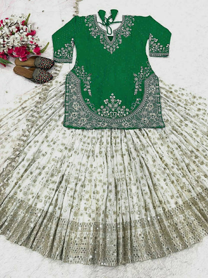 Designer Chinon Silk Lehenga Choli Set for Women | Sequence Embroidery | Fully Stitched Top, Semi Stitched Lehenga & Butterfly Net Dupatta