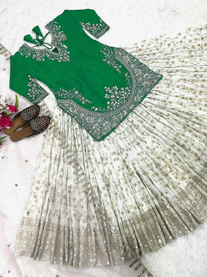Designer Chinon Silk Lehenga Choli Set for Women | Sequence Embroidery | Fully Stitched Top, Semi Stitched Lehenga & Butterfly Net Dupatta