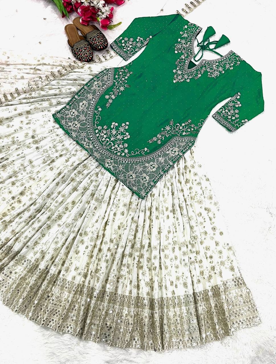 Designer Chinon Silk Lehenga Choli Set for Women | Sequence Embroidery | Fully Stitched Top, Semi Stitched Lehenga & Butterfly Net Dupatta