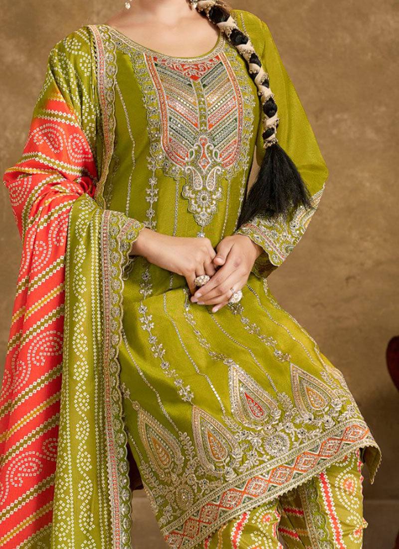 Elevate ethnic wardrobe with this exquisite Heavy Pure Chinon Silk Kurti Dhoti Set with Dupatta.