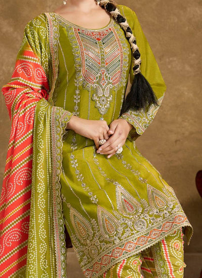 Elevate ethnic wardrobe with this exquisite Heavy Pure Chinon Silk Kurti Dhoti Set with Dupatta.