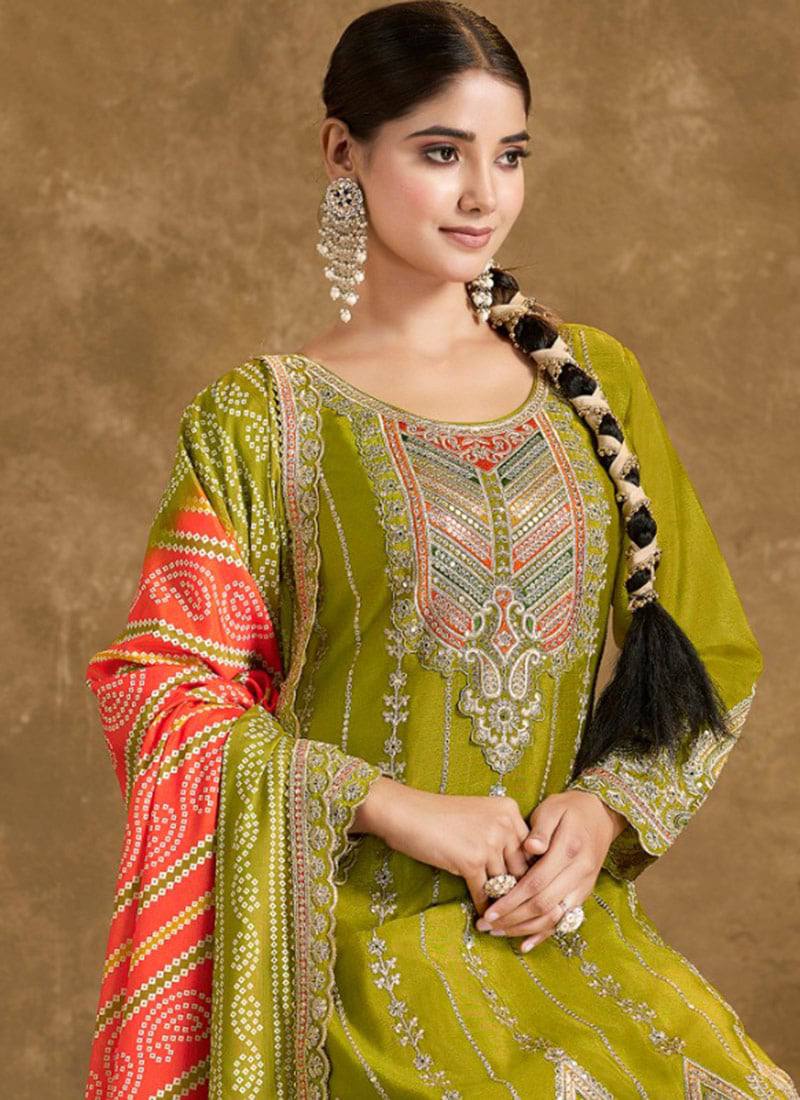 Elevate ethnic wardrobe with this exquisite Heavy Pure Chinon Silk Kurti Dhoti Set with Dupatta.