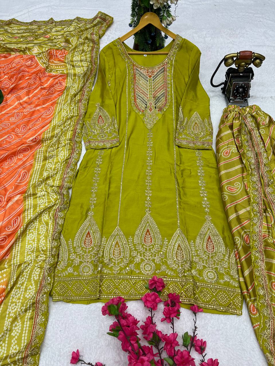 Elevate ethnic wardrobe with this exquisite Heavy Pure Chinon Silk Kurti Dhoti Set with Dupatta.