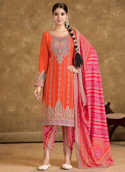Elevate ethnic wardrobe with this exquisite Heavy Pure Chinon Silk Kurti Dhoti Set with Dupatta.