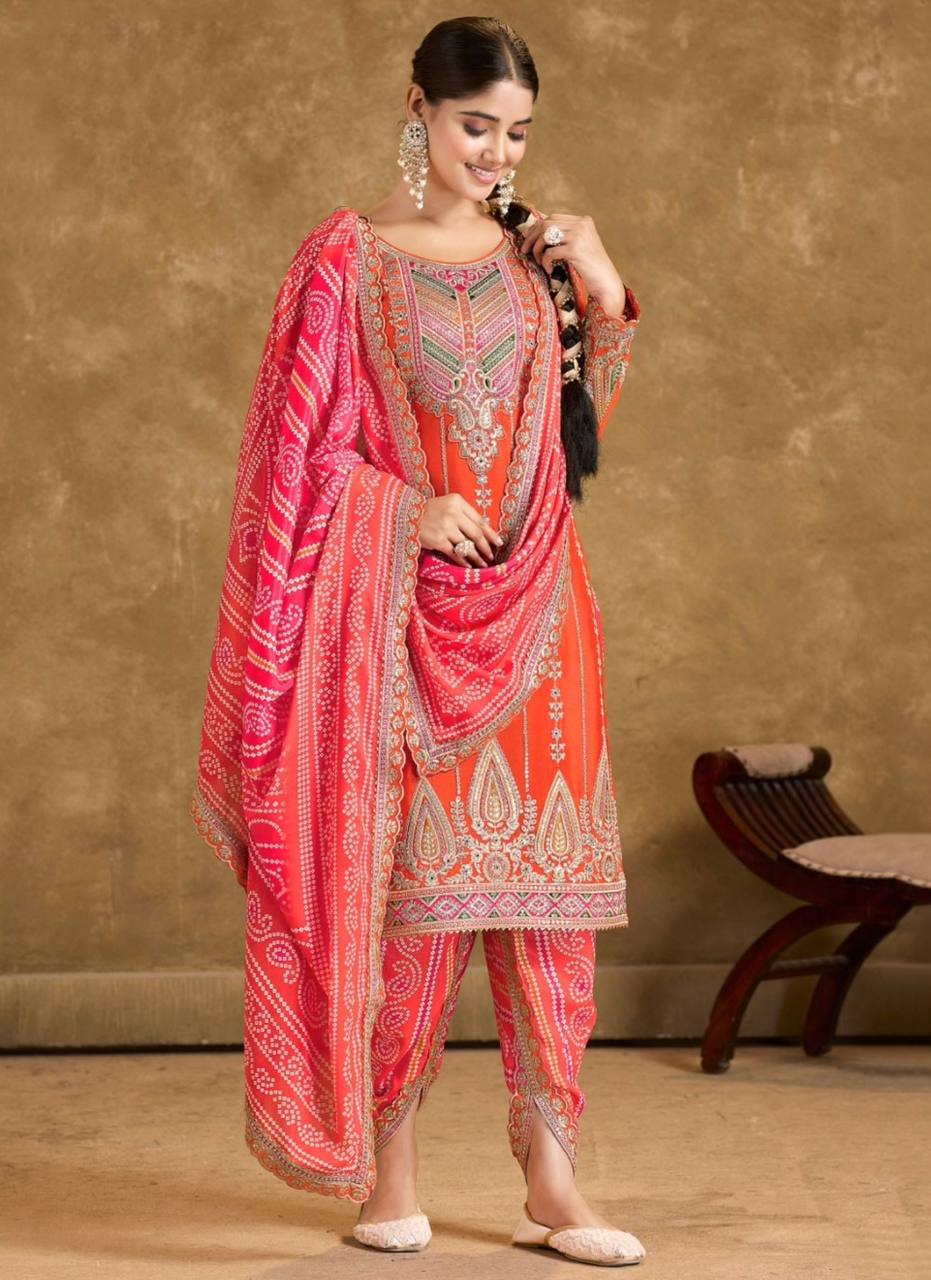 Elevate ethnic wardrobe with this exquisite Heavy Pure Chinon Silk Kurti Dhoti Set with Dupatta.