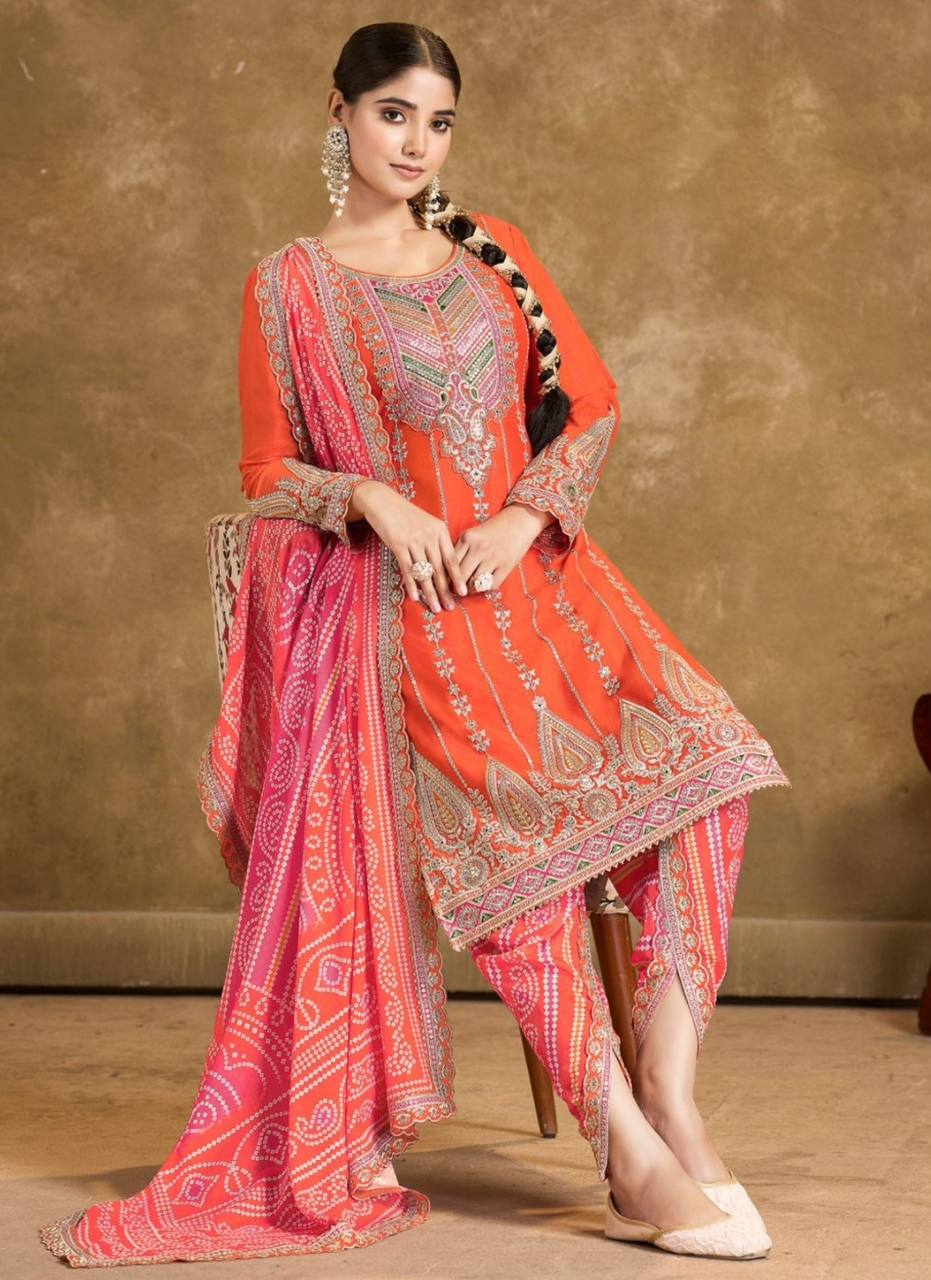 Elevate ethnic wardrobe with this exquisite Heavy Pure Chinon Silk Kurti Dhoti Set with Dupatta.