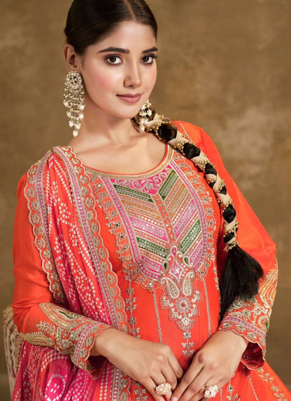 Elevate ethnic wardrobe with this exquisite Heavy Pure Chinon Silk Kurti Dhoti Set with Dupatta.