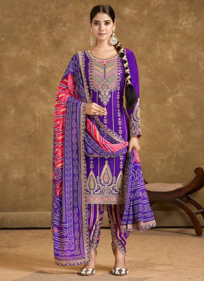 Elevate ethnic wardrobe with this exquisite Heavy Pure Chinon Silk Kurti Dhoti Set with Dupatta.