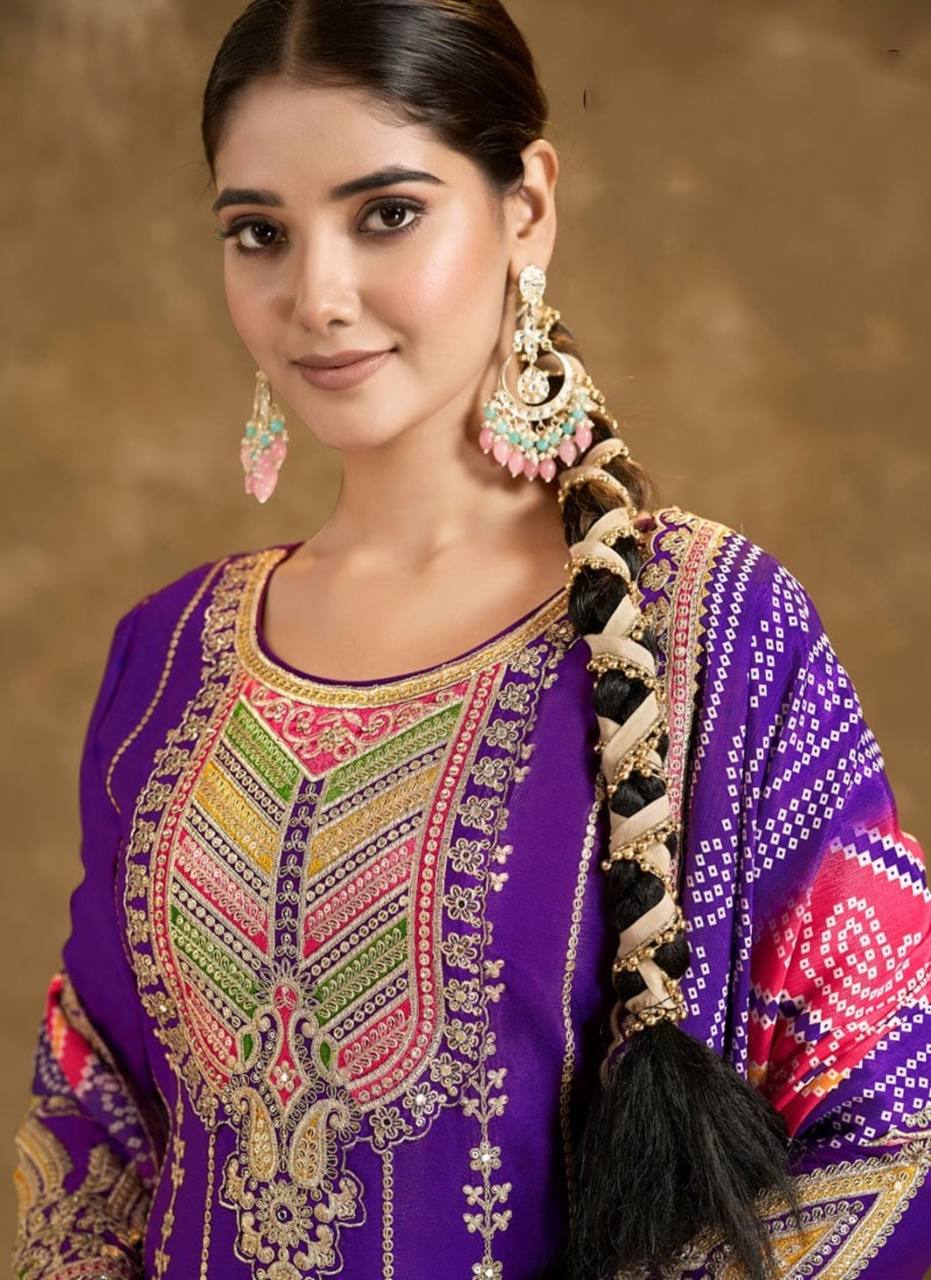 Elevate ethnic wardrobe with this exquisite Heavy Pure Chinon Silk Kurti Dhoti Set with Dupatta.