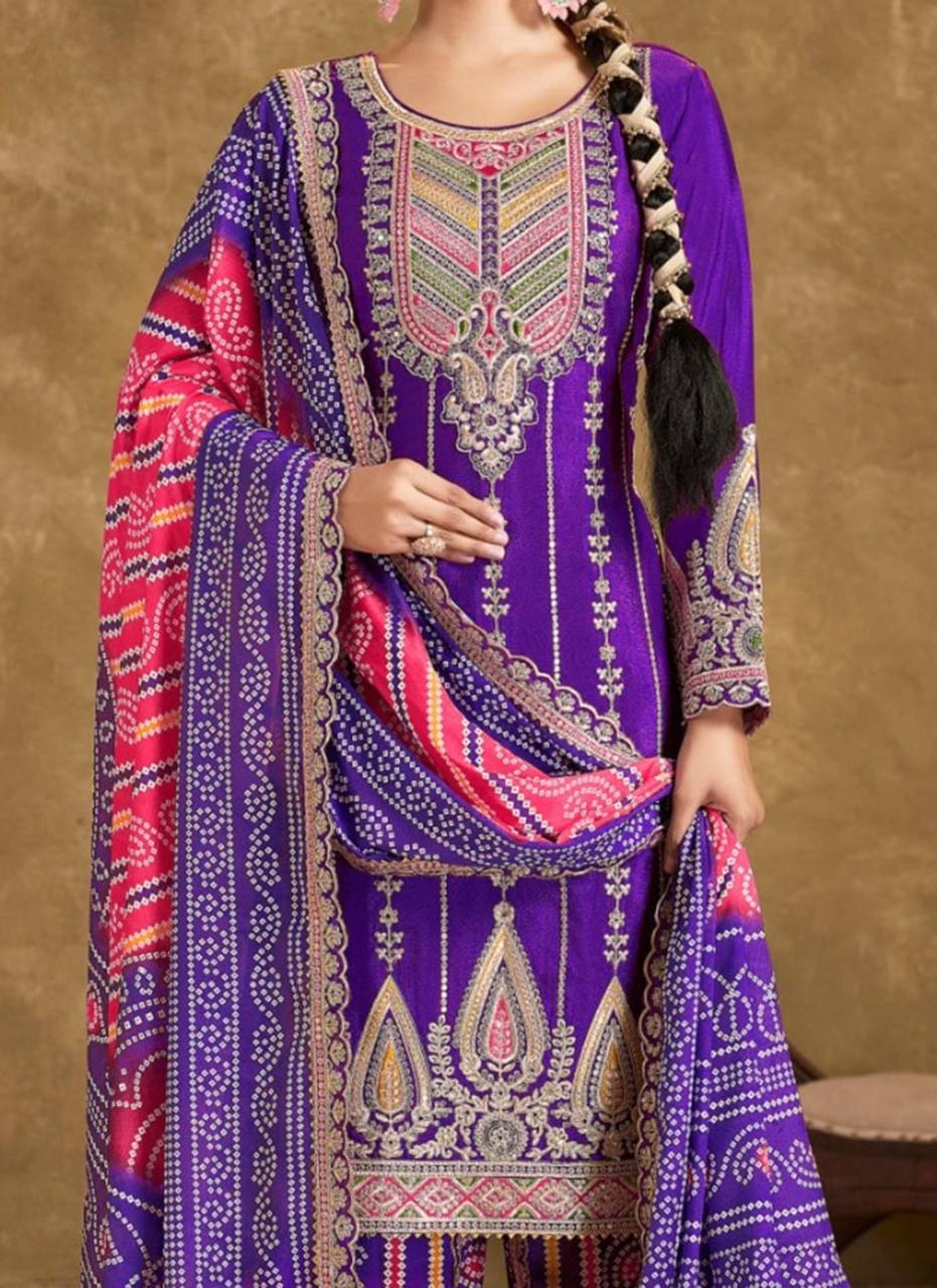 Elevate ethnic wardrobe with this exquisite Heavy Pure Chinon Silk Kurti Dhoti Set with Dupatta.