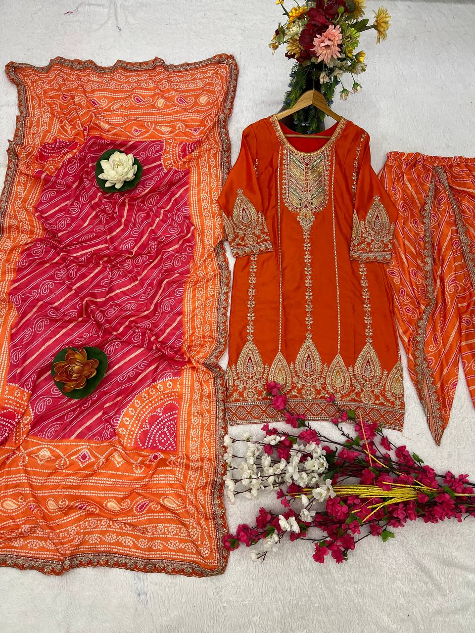 Elevate ethnic wardrobe with this exquisite Heavy Pure Chinon Silk Kurti Dhoti Set with Dupatta.