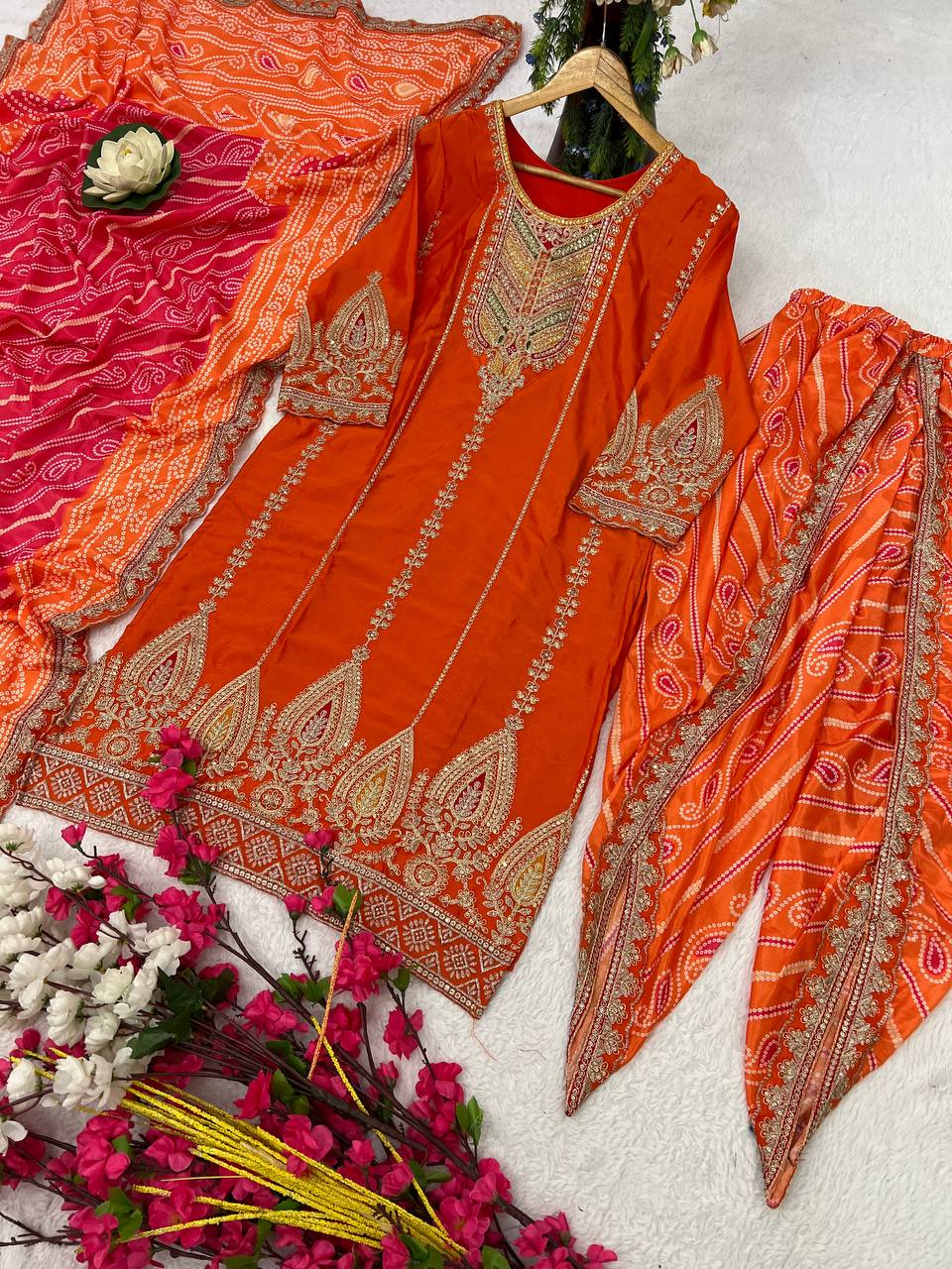 Elevate ethnic wardrobe with this exquisite Heavy Pure Chinon Silk Kurti Dhoti Set with Dupatta.