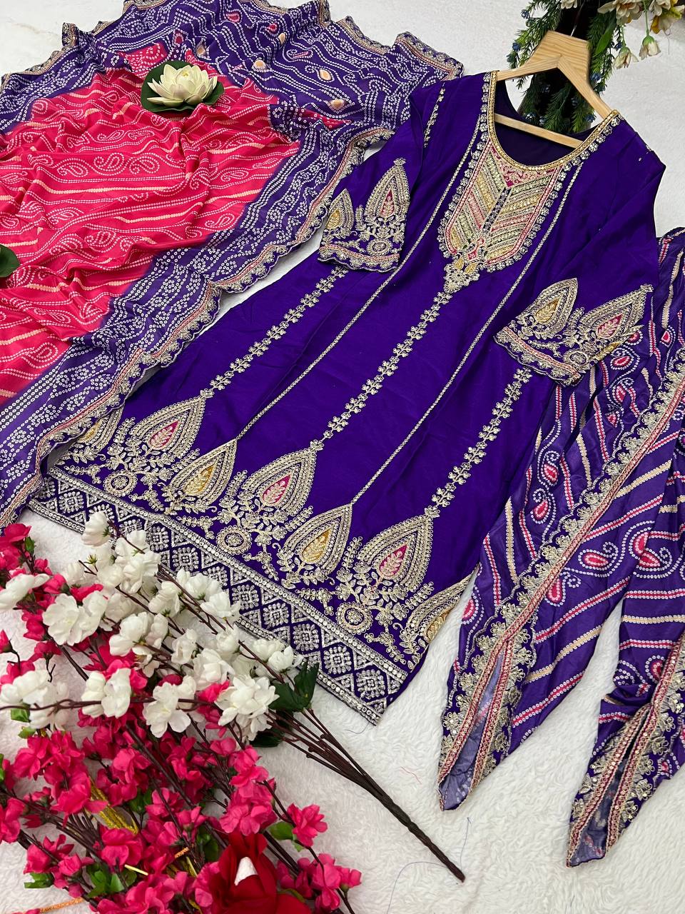 Elevate ethnic wardrobe with this exquisite Heavy Pure Chinon Silk Kurti Dhoti Set with Dupatta.