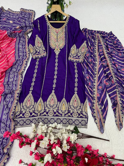 Elevate ethnic wardrobe with this exquisite Heavy Pure Chinon Silk Kurti Dhoti Set with Dupatta.