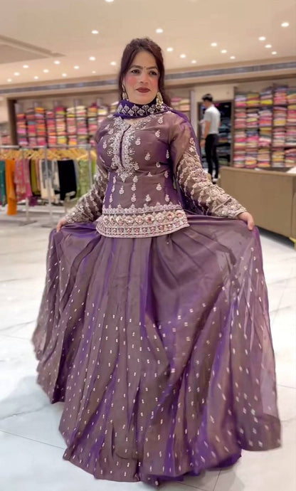 Designer Simmer Silk Lehenga Choli Set for Women | Heavy Embroidery, Sequence, Zari & Moti Work | Fully Stitched with Net Dupatta