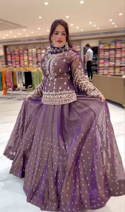 Designer Simmer Silk Lehenga Choli Set for Women | Heavy Embroidery, Sequence, Zari & Moti Work | Fully Stitched with Net Dupatta