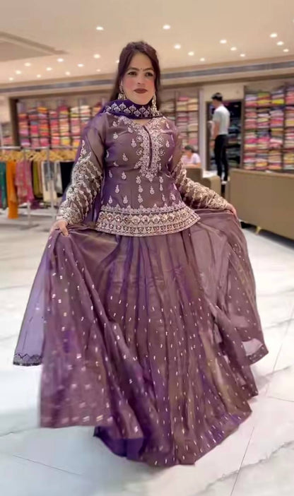 Designer Simmer Silk Lehenga Choli Set for Women | Heavy Embroidery, Sequence, Zari & Moti Work | Fully Stitched with Net Dupatta