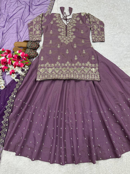 Designer Simmer Silk Lehenga Choli Set for Women | Heavy Embroidery, Sequence, Zari & Moti Work | Fully Stitched with Net Dupatta
