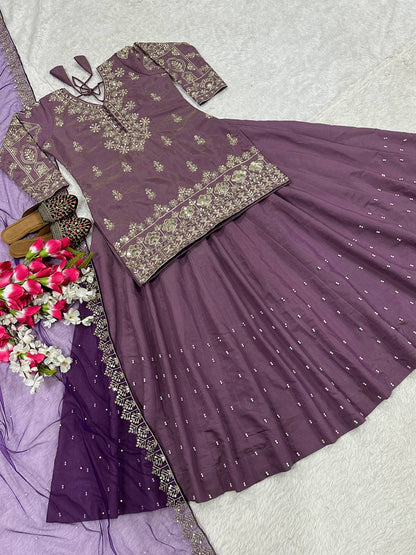 Designer Simmer Silk Lehenga Choli Set for Women | Heavy Embroidery, Sequence, Zari & Moti Work | Fully Stitched with Net Dupatta