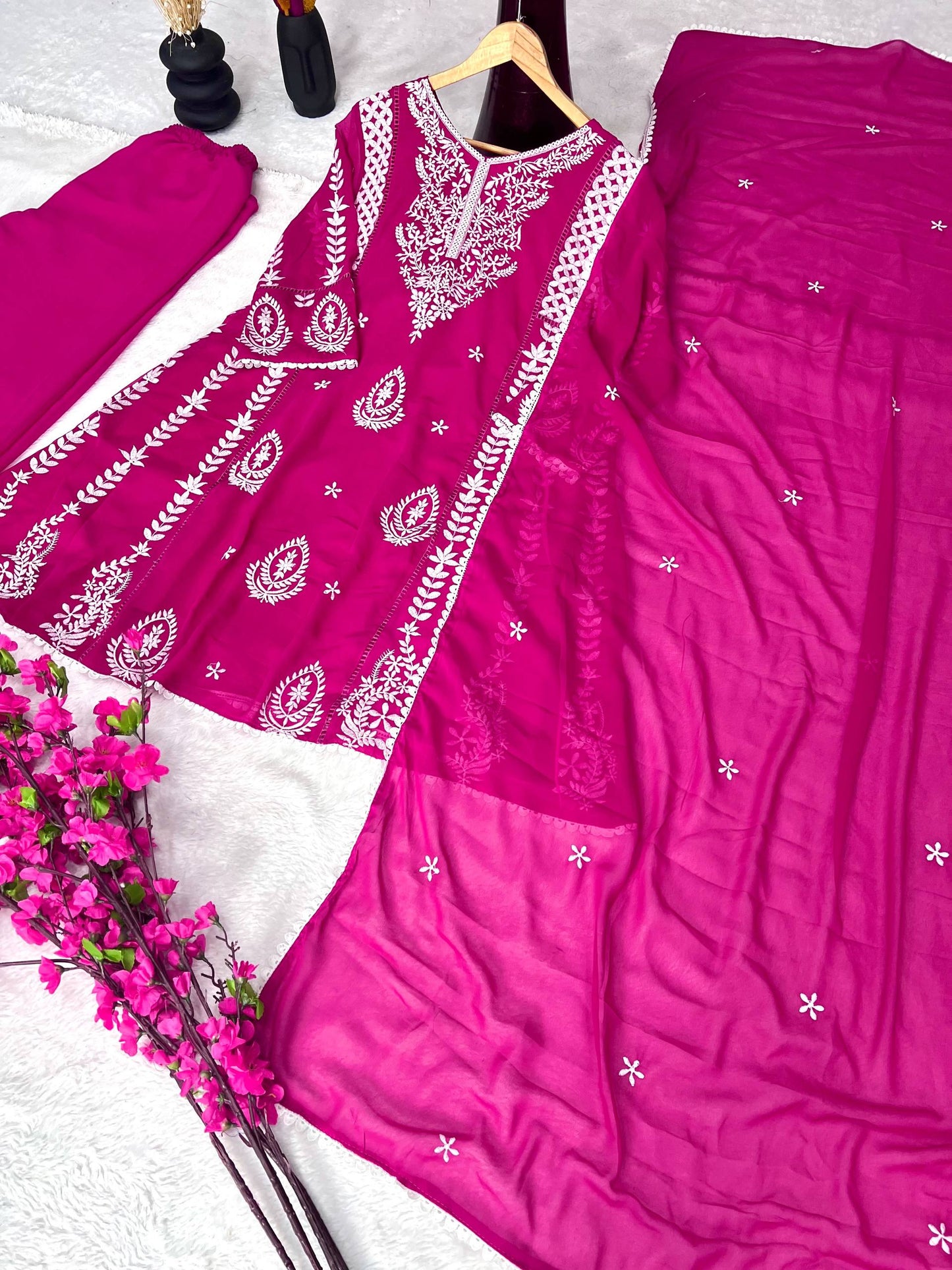 Elegant Pure Faux Georgette Silk Top & Plazzo Set with Dupatta – Multi-Needle Sequins Embroidery