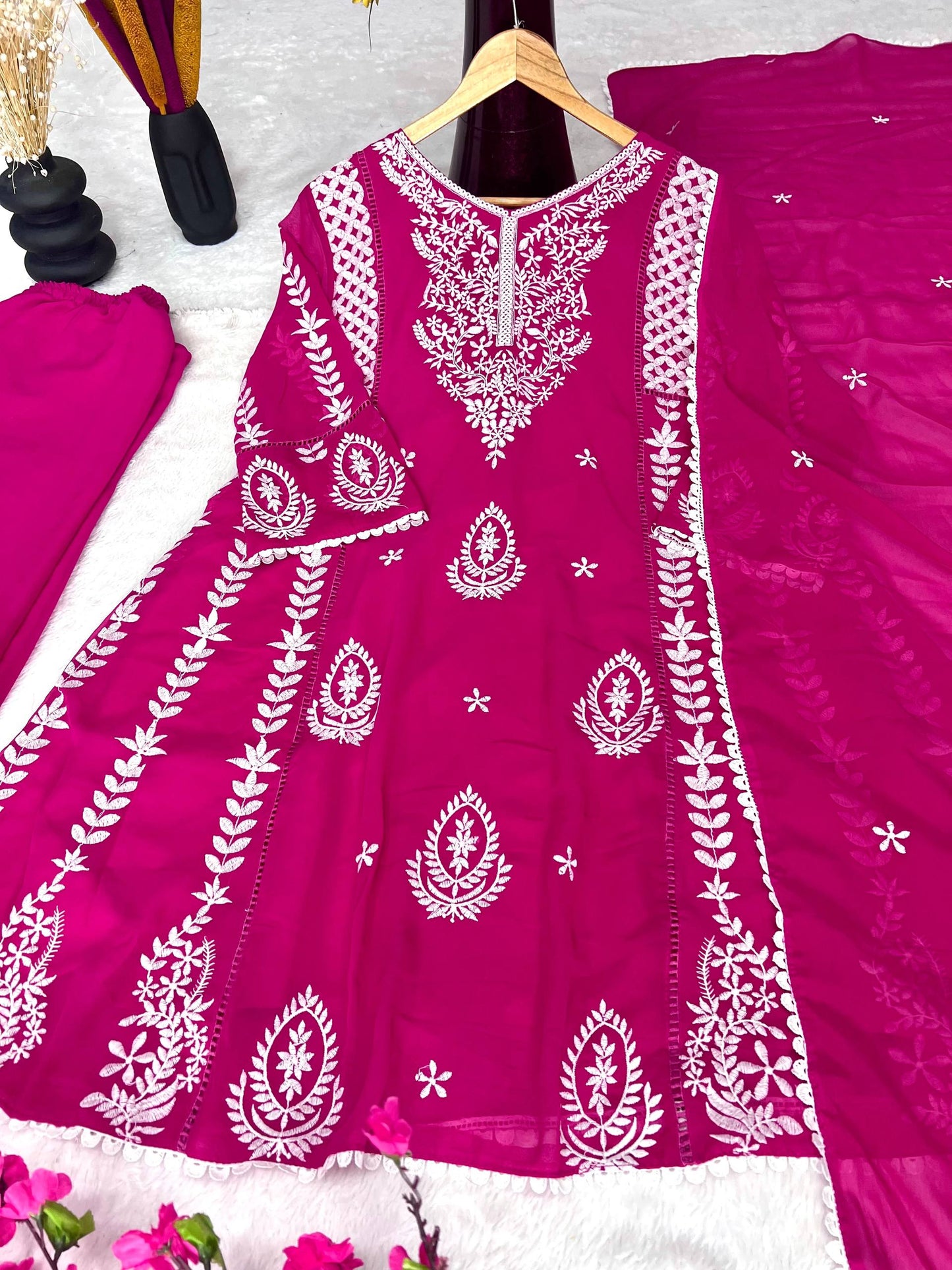 Elegant Pure Faux Georgette Silk Top & Plazzo Set with Dupatta – Multi-Needle Sequins Embroidery