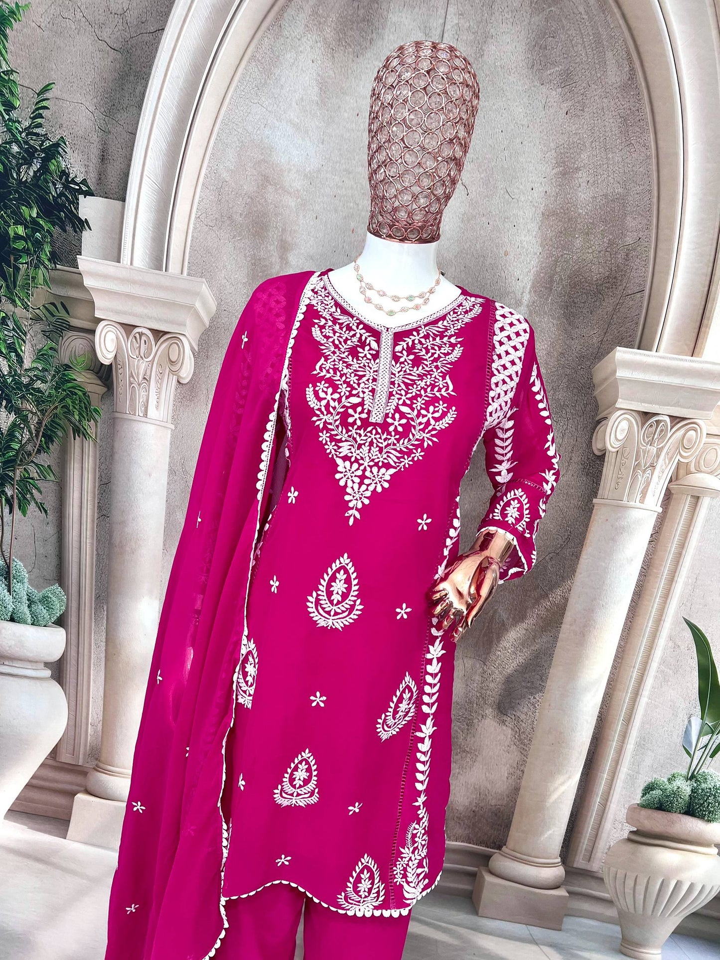 Elegant Pure Faux Georgette Silk Top & Plazzo Set with Dupatta – Multi-Needle Sequins Embroidery