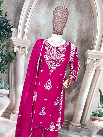 Elegant Pure Faux Georgette Silk Top & Plazzo Set with Dupatta – Multi-Needle Sequins Embroidery