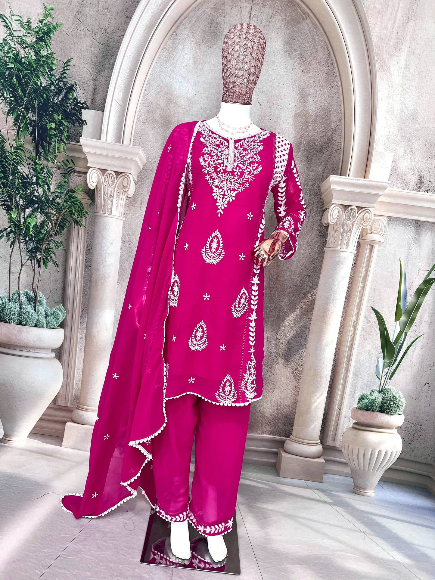 Elegant Pure Faux Georgette Silk Top & Plazzo Set with Dupatta – Multi-Needle Sequins Embroidery