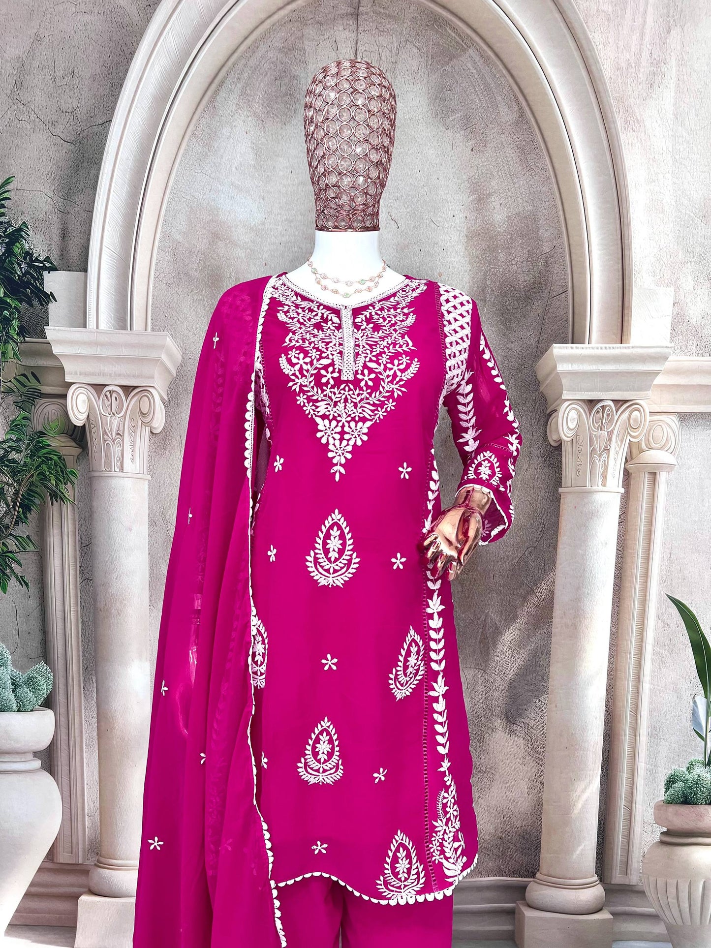 Elegant Pure Faux Georgette Silk Top & Plazzo Set with Dupatta – Multi-Needle Sequins Embroidery