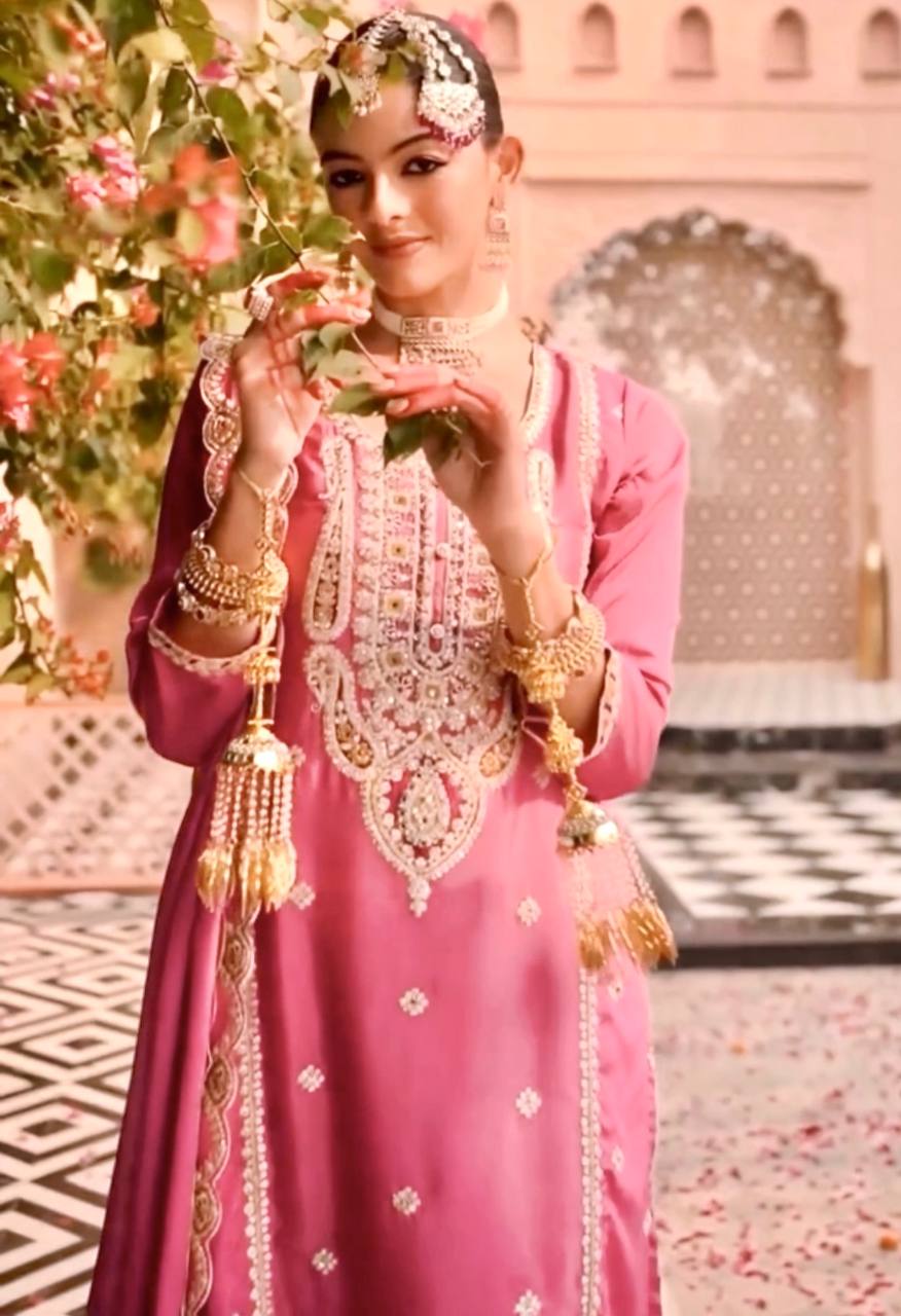 Heavy Pure Chinon Silk Embroidered Kurti Pant Set with Dupatta (Fully Stitched | Real Mirror & Sequin Work)