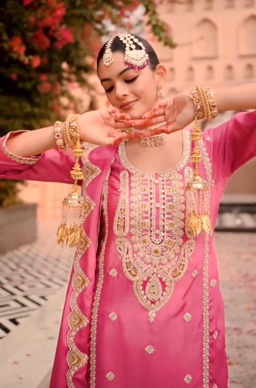 Heavy Pure Chinon Silk Embroidered Kurti Pant Set with Dupatta (Fully Stitched | Real Mirror & Sequin Work)