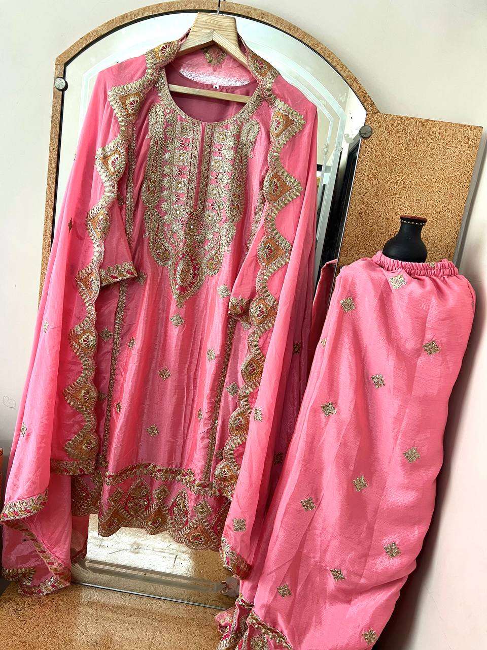 Heavy Pure Chinon Silk Embroidered Kurti Pant Set with Dupatta (Fully Stitched | Real Mirror & Sequin Work)