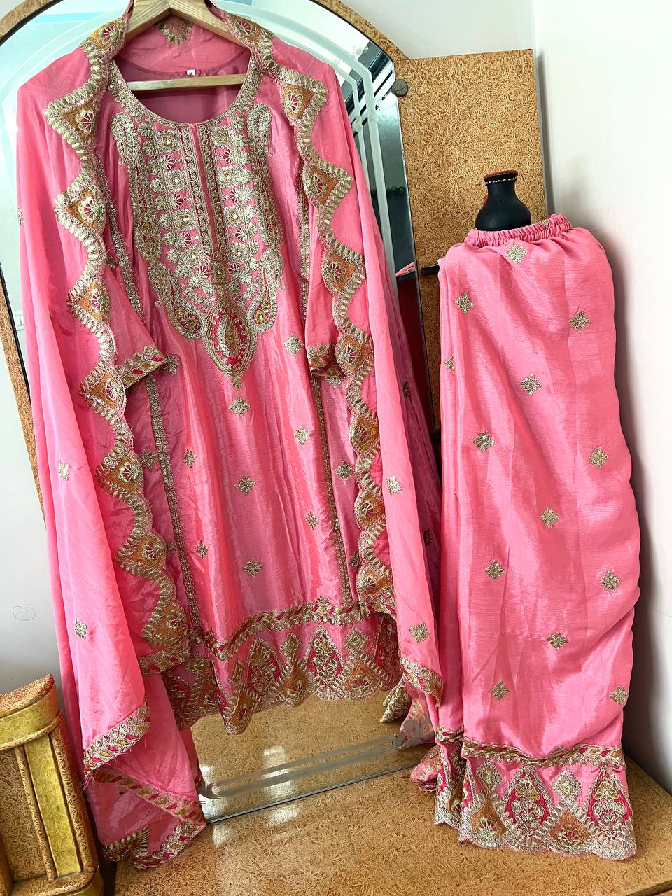 Heavy Pure Chinon Silk Embroidered Kurti Pant Set with Dupatta (Fully Stitched | Real Mirror & Sequin Work)